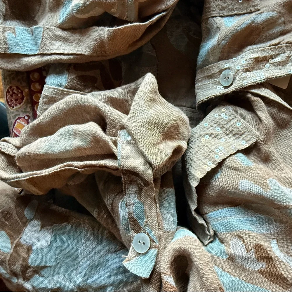 100% Lino NWT Button Breeze Top Brown Sugar One Size fits- XL 100% linen. - Picture 10 of 11